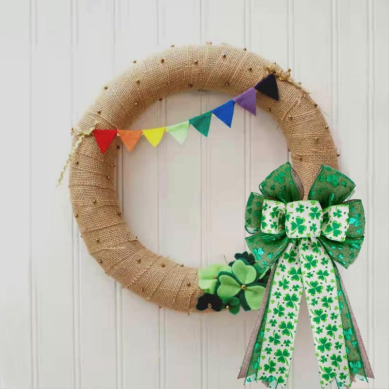 Hongsome St Patricks Day Bow for Wreath Decorations,St Patricks Day Tree Topper Bows,Large Burlap White Green Glitter Shamrock Bowknot Irish Holiday Crafts Bows for Front Door Outdoor Outside - Image 4